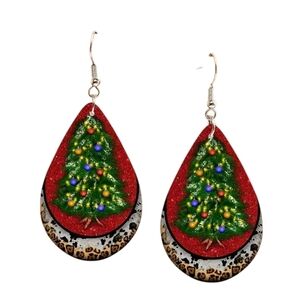 Christmas Tree Faux Leather Teardrop Dangle Earrings